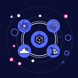 A group of service related icons orbit a cube on a dark navy background for Aries Solutions.