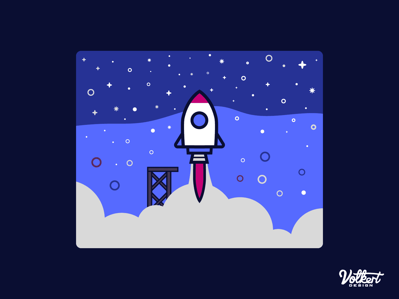 A little white rocket launches into space surrounded by smoke.