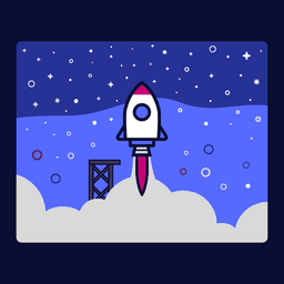 A little white rocket launches into space surrounded by smoke.