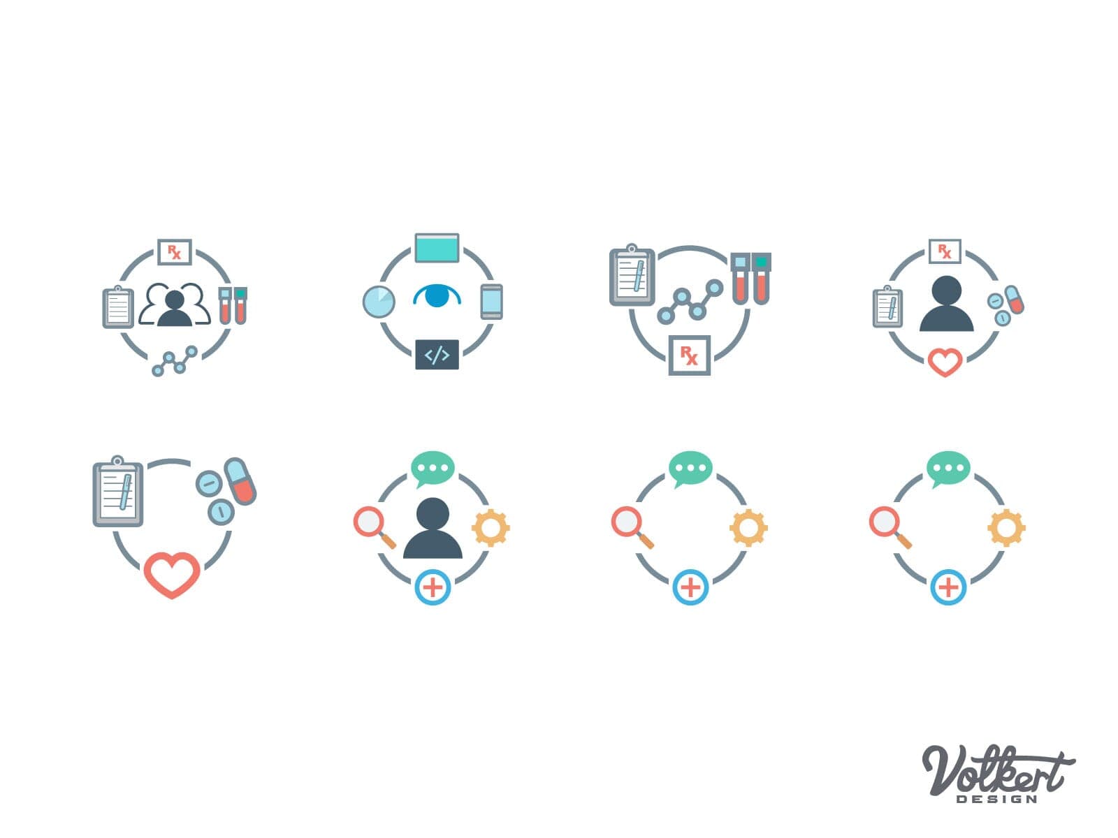 A selction of icons all representing a cycle with different stopping points in the cycle of prescrptions, websites and doctors.