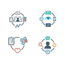 A selction of icons all representing a cycle with different stopping points in the cycle of prescrptions, websites and doctors.