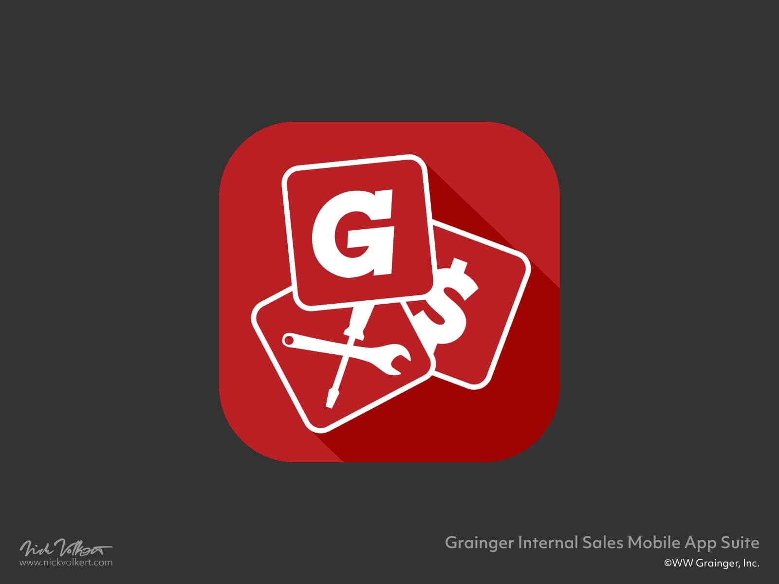 A red icon with internal layered tiles of different sales and working related icons to signify a suite of tools to link to upon entering this app.