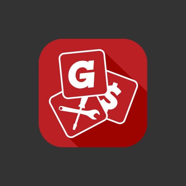 A red icon with internal layered tiles of different sales and working related icons to signify a suite of tools to link to upon entering this app.