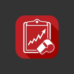 An app icon with a coaches whistle and a clipboard with a chart projecting upward to convey being coached with upward gaining results.