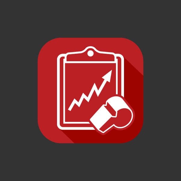 An app icon with a coaches whistle and a clipboard with a chart projecting upward to convey being coached with upward gaining results.