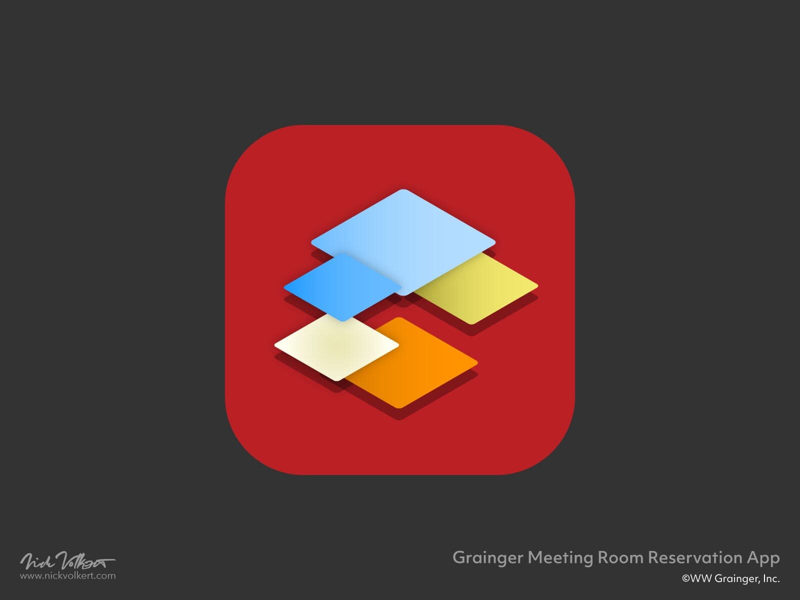 An app icon with colorful layered boxes to signify rooms and desks for an internal meeting booking app.