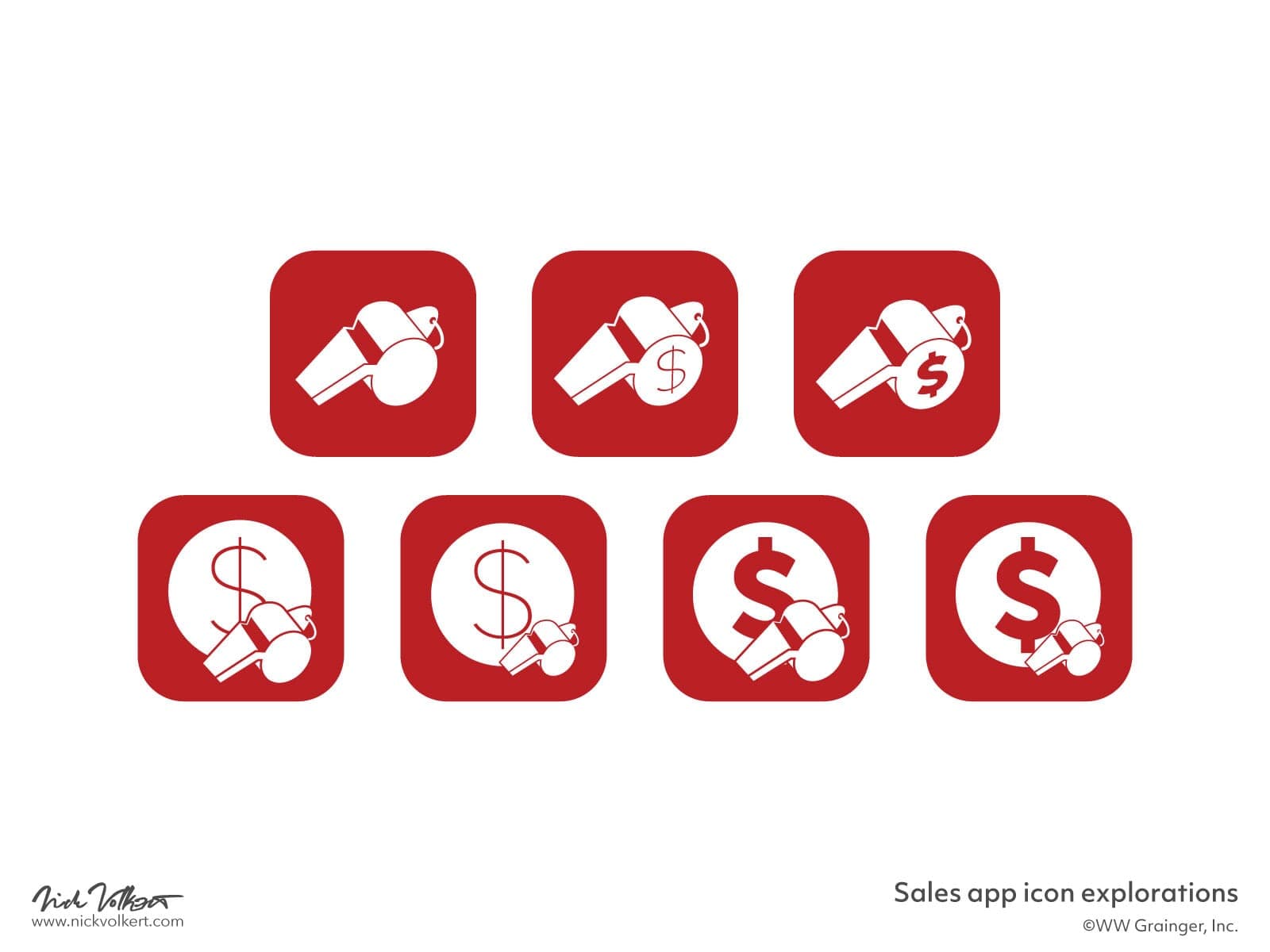Sales coaching application icon sketches with different options for lockups of a whistle and dollar sign.