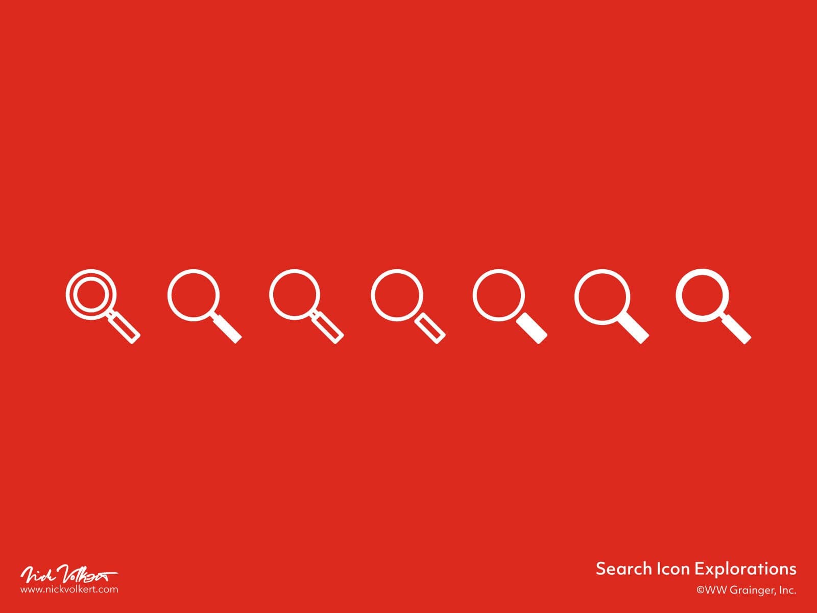 Various looks of white magnifying glass icons on Grainger red to determine the best icon design.