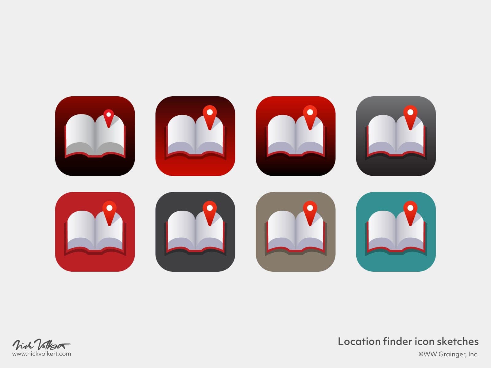 A selection of catalogs opened up with a location pin in the right page with different color applications.