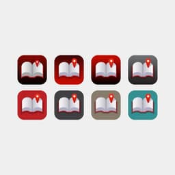 A selection of catalogs opened up with a location pin in the right page with different color applications.