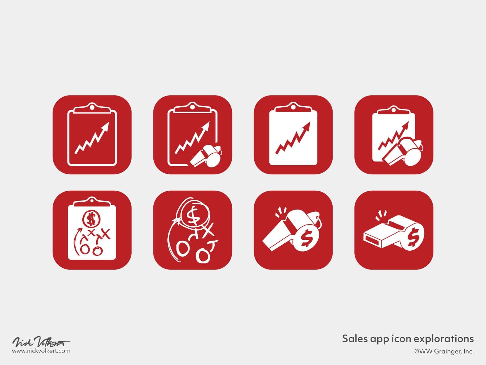 Sales coaching application icon sketches with different options for lockups of a whistle and dollar sign.