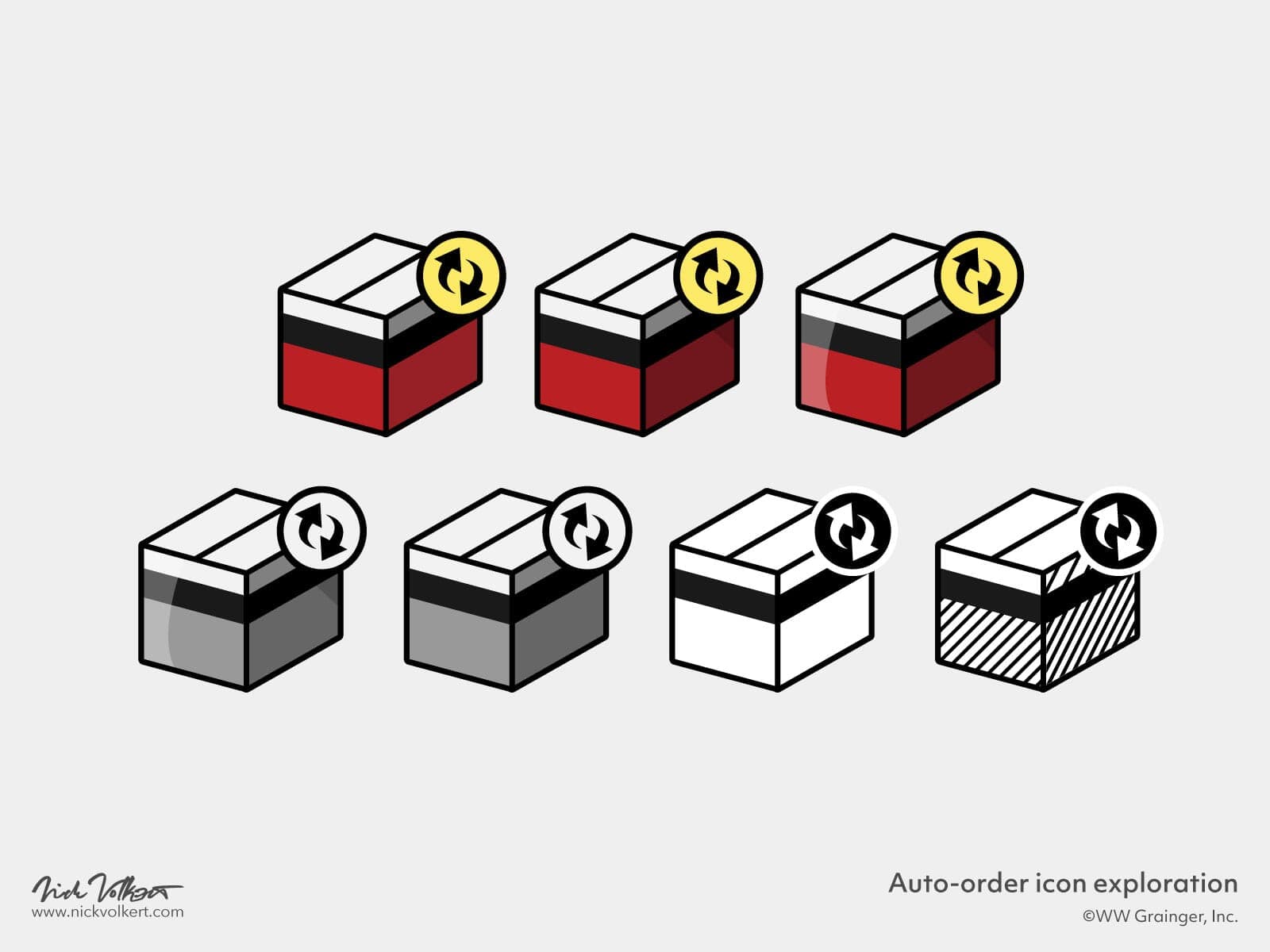 Various color treatments of the trademark Grainger box with an auto-reorder icon on the top right of the box.
