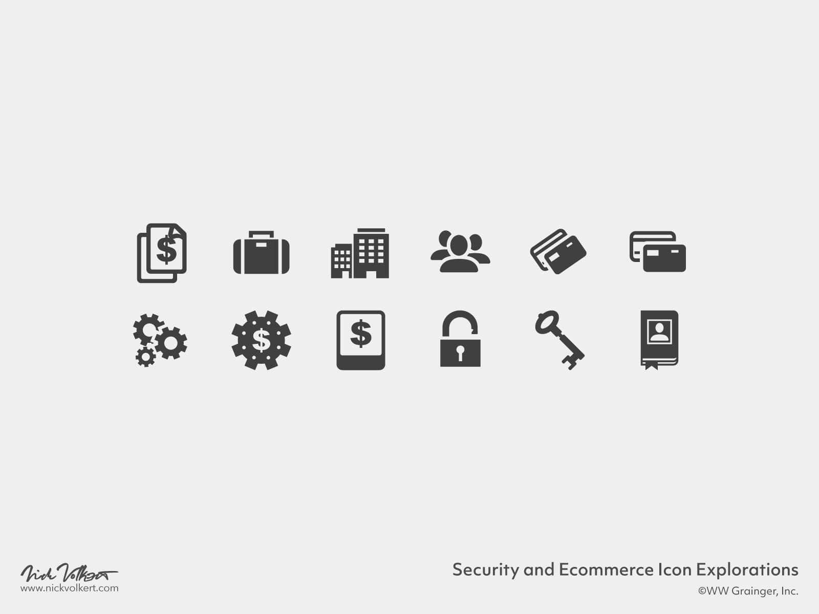 Various treatments of icons for ecommerce on the Grainger site and ecosystem with payment icons, keys, and others.