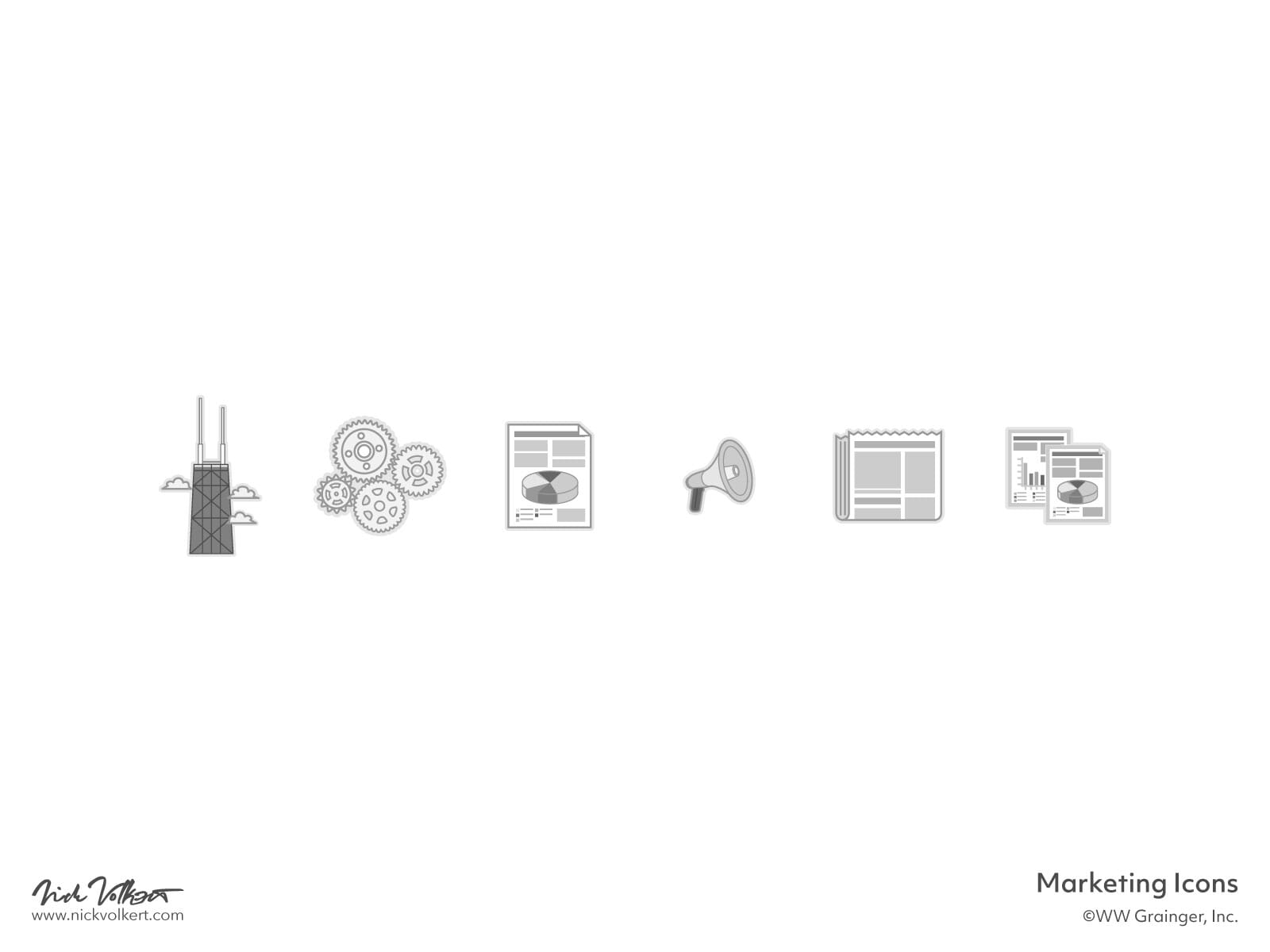 Chicago related icons in grayscale with news, announcement and Chicago landmarks.