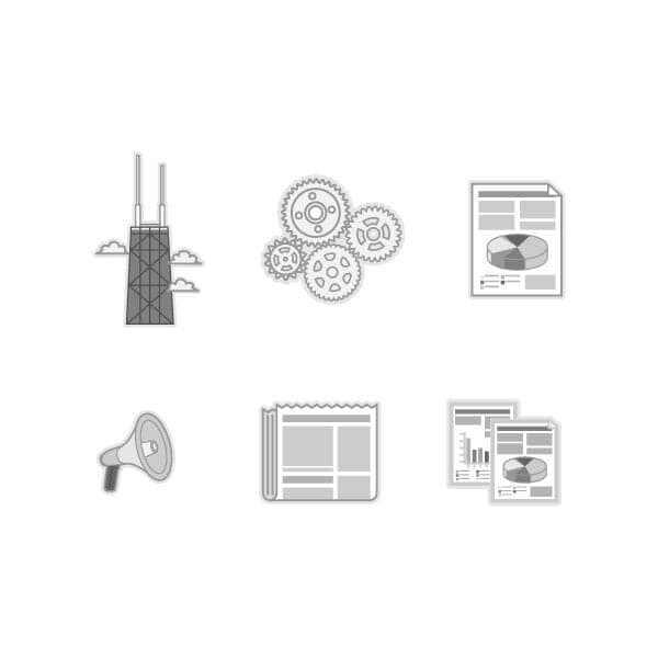 Chicago related icons in grayscale with news, announcement and Chicago landmarks.