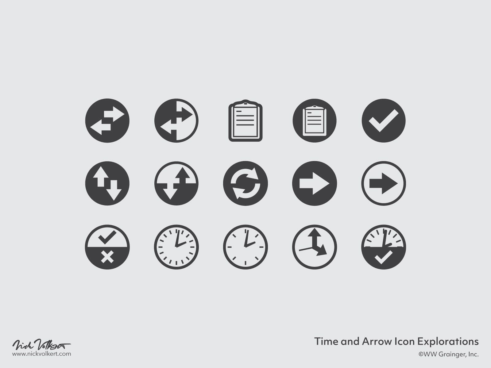A series of icons exploring directional arrows, time, clipboard, success and more for Grainger's ecommerce site.