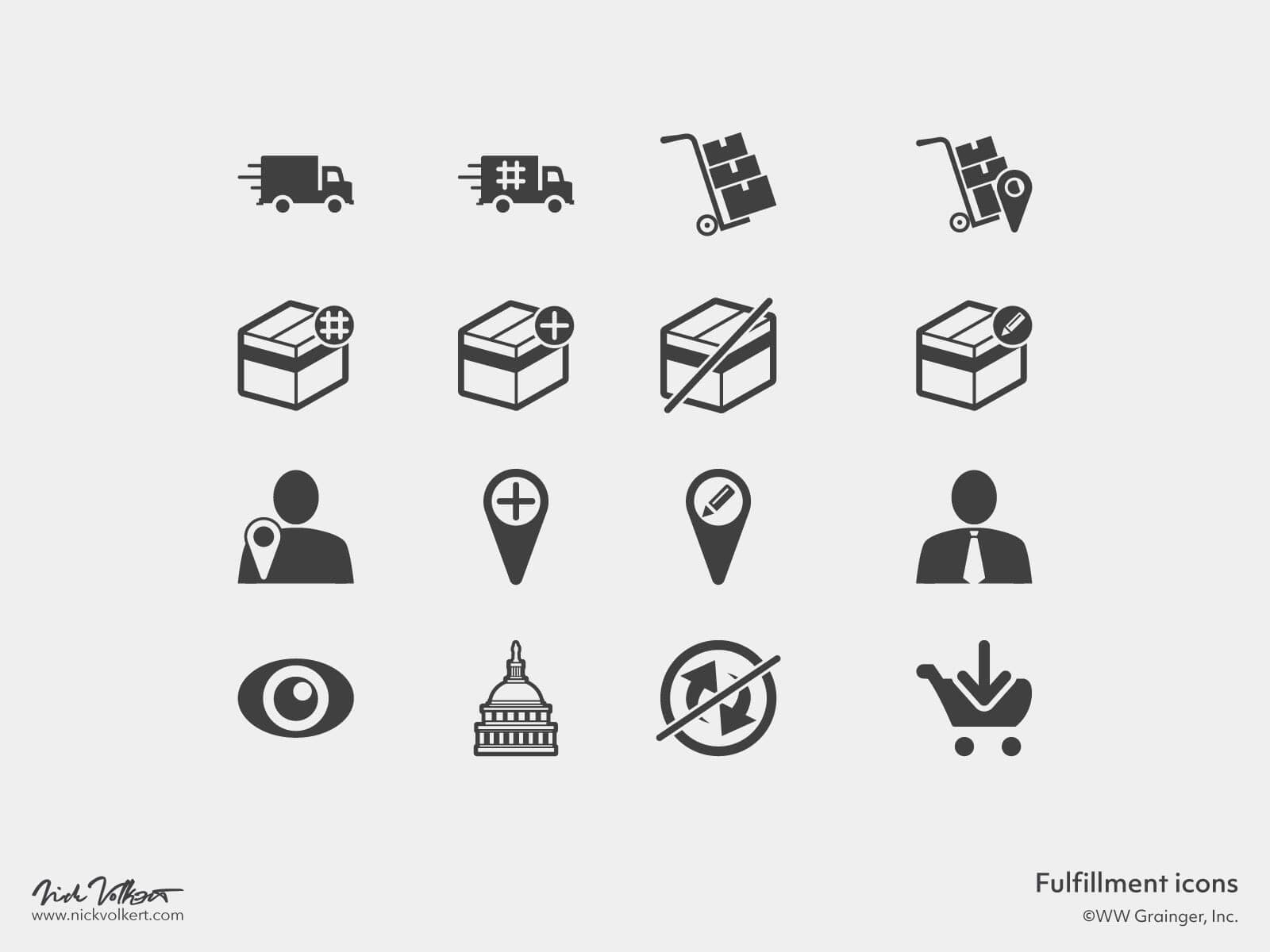 A set of icons displaying order fulfillment as well as package status for Grainger ecommerce.