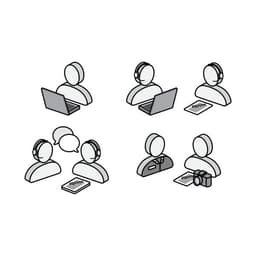 Customer service and research related icons with illustrated representations of the two parties communicating with each other.