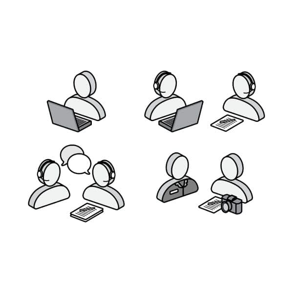 Customer service and research related icons with illustrated representations of the two parties communicating with each other.