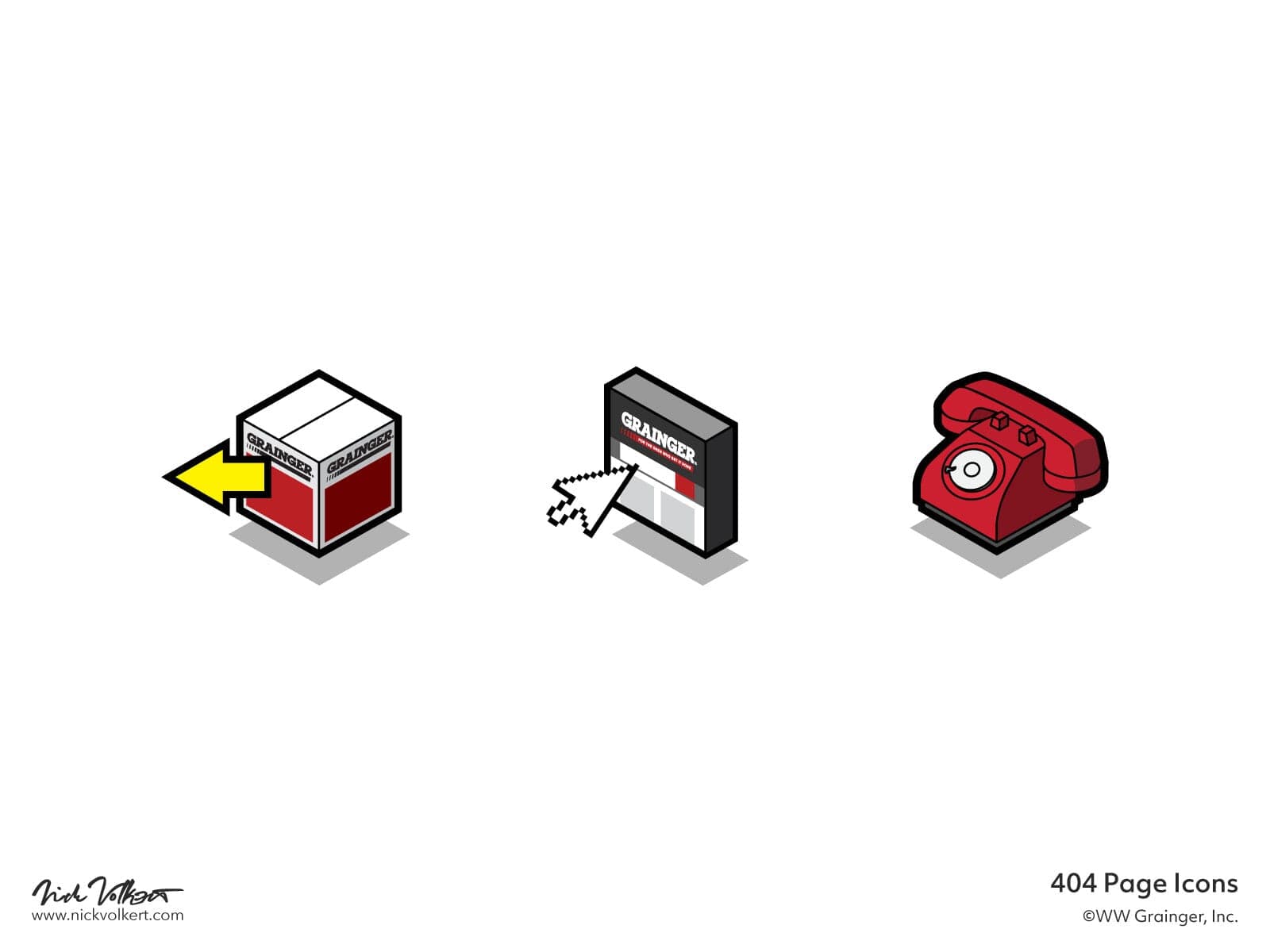 Isometric style icons to signify to the customer to call or email to contact Grainger to alert them of a 404 page on the ecommerce site.