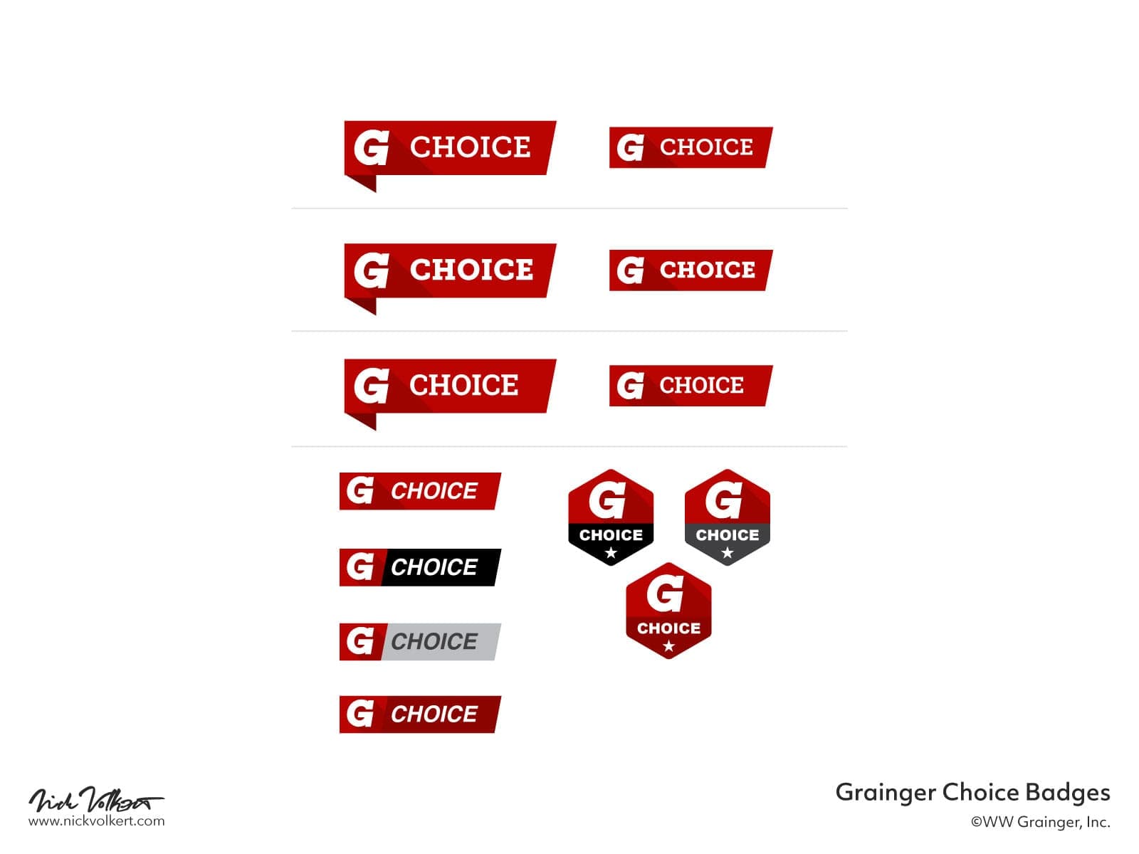 Selections of the Grainger Choice badges to show the different usage types for the search and browse experience on Grainger dot com.