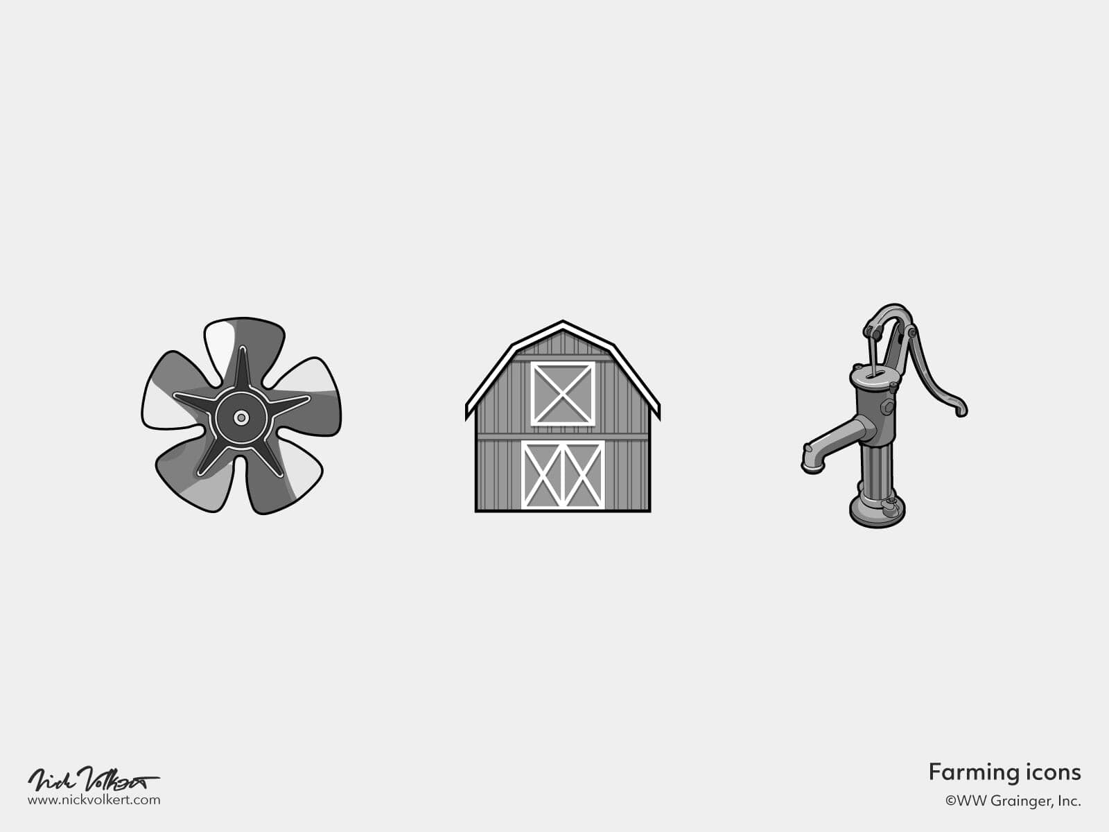 A couple grayscale illustrations related to farming equipment for Grainger dot com.