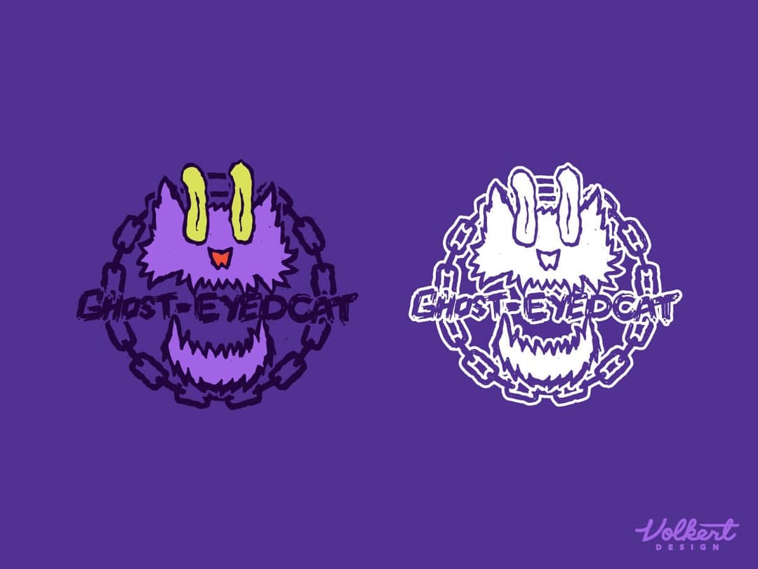 Ghost-Eyed Cat demon cat logo on a dark background in full color and single color options