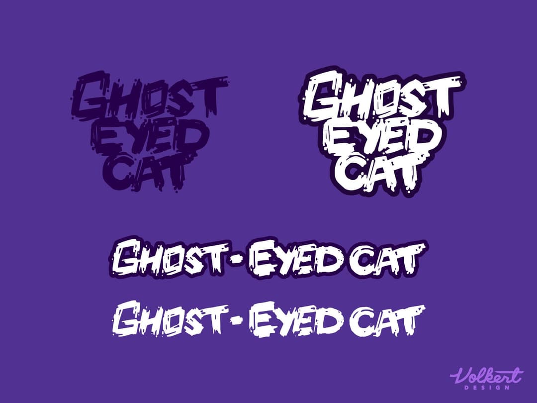 Hand drawn and spooky Ghost-Eyed Cat logo text on a dark background with single-color and outline options.