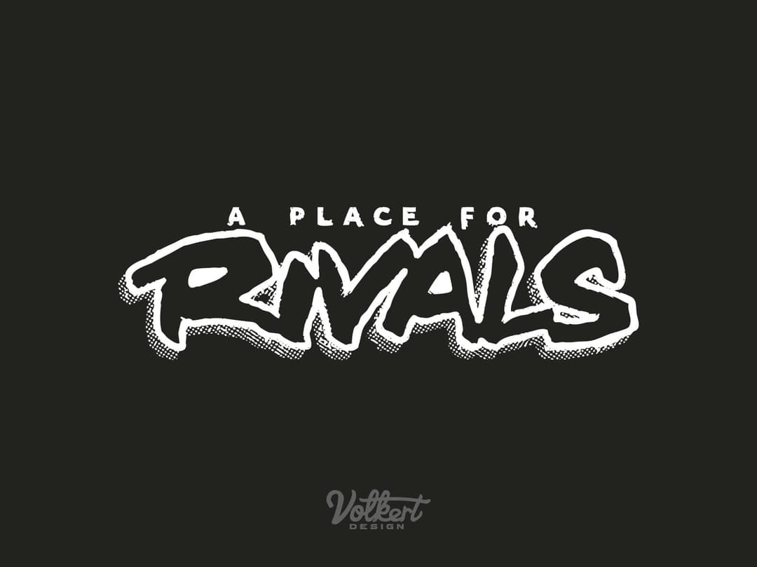 A Place for Rivals text in a gritty white text and outline on a teal black background.