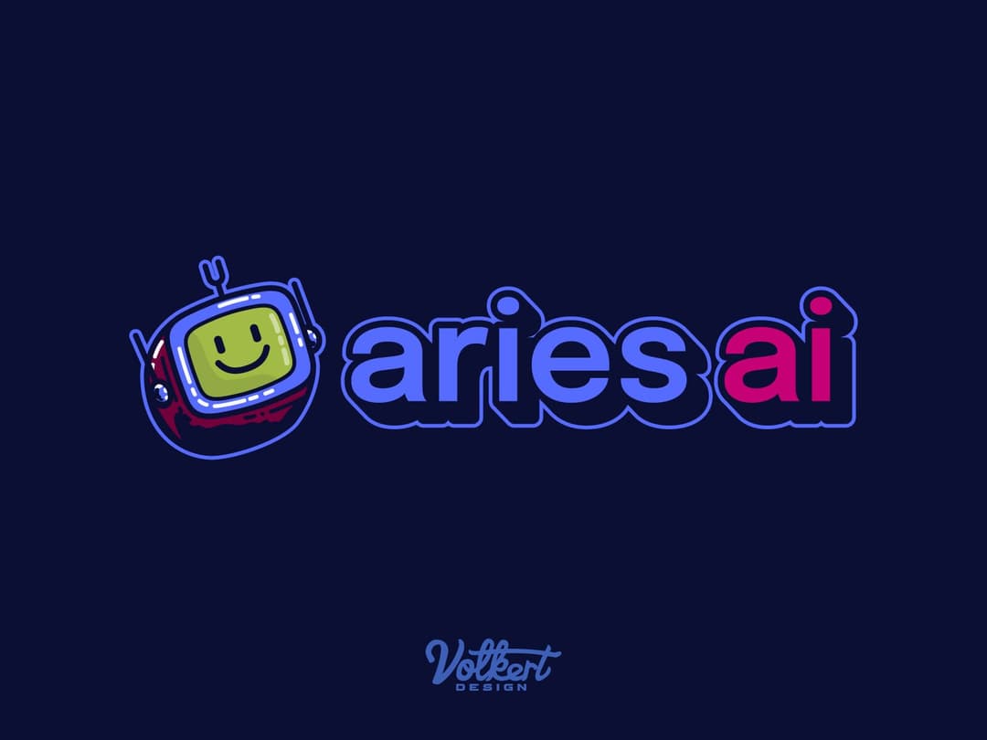 Primary Aries AI logo on dark background with outline with the text and brand mark robot head inline.