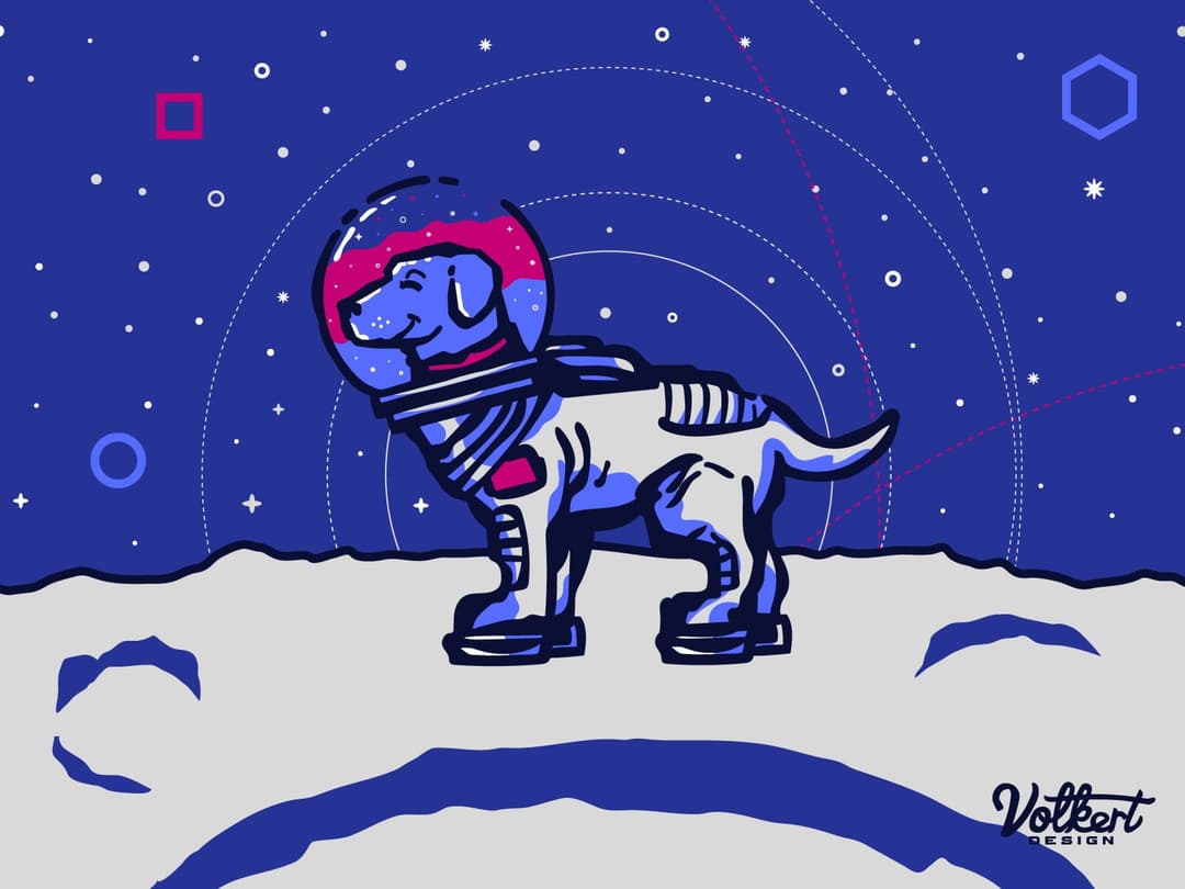 Enlarged astronaut dog for Aries Labs with the dog in a space suit on the moon.