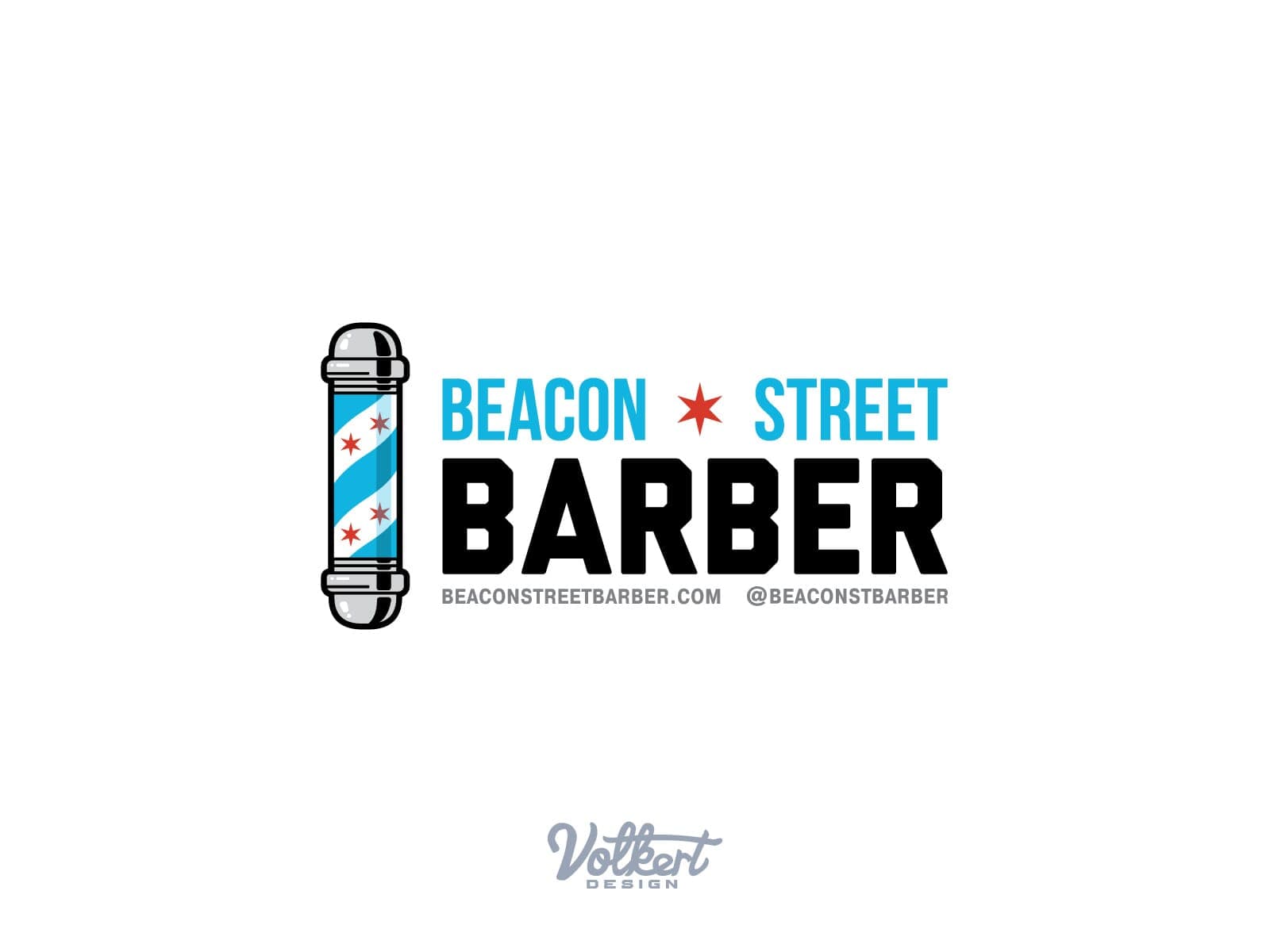 Beacon Street Barber main logo with block type and an illustration of a barber pole on a white background