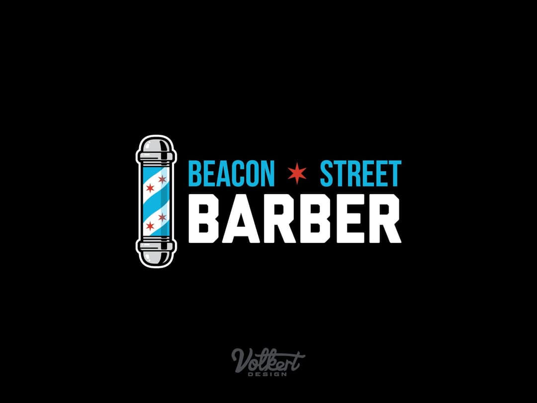 Beacon Street Barber logo on a black background with reversed type and an outline on the barber pole brand mark