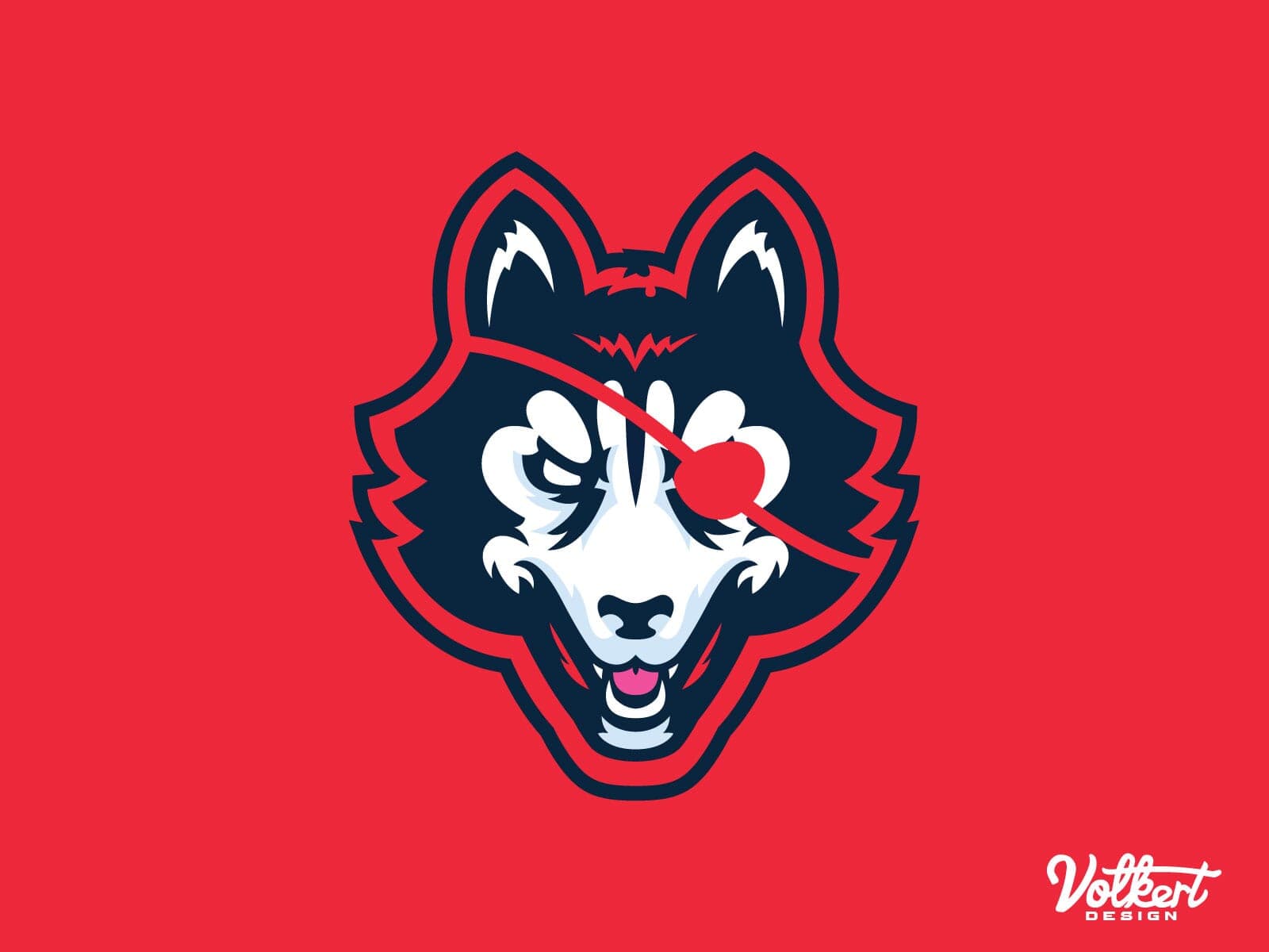 The main illustrated huskie head logo on a solid red background for DangerHuskie, a vector art project by Nick Volkert.