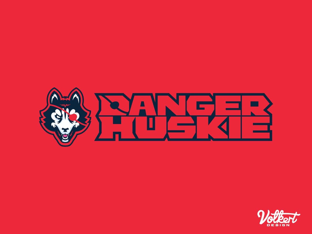 Logo lockup of the DangerHuskie huskie head and stylized type on a solid red background.
