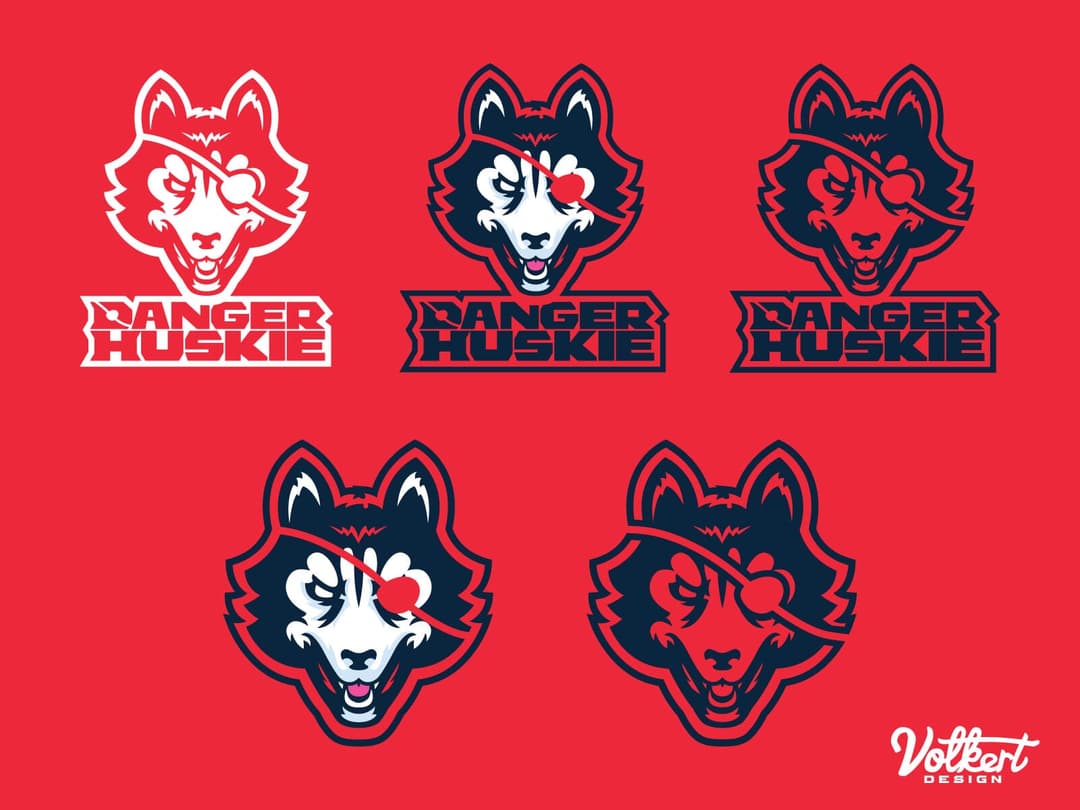 A series of different options and looks of the DangerHuskie huskie head and text lockups for single color options.