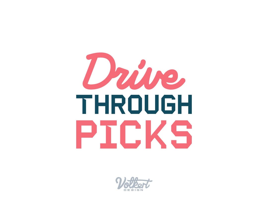 Stacked Drive Through Picks type with a custom script for the word drive on a solid white background.