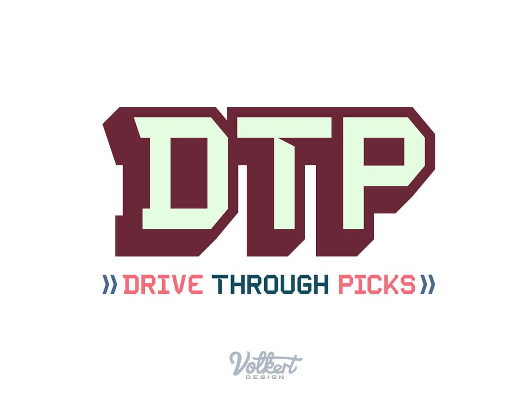 DTP and supporting Drive Through Picks text lockup in maroon on a solid white background.