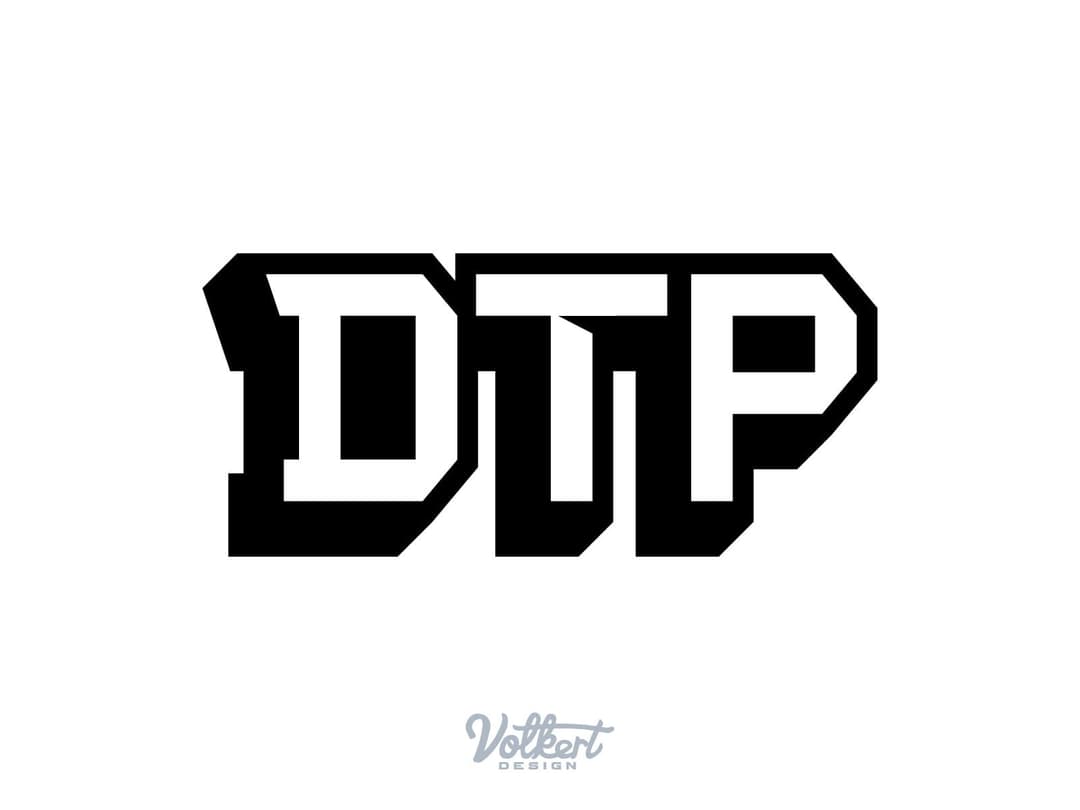 Isolated stylized DTP acronym mark in black on a white background
