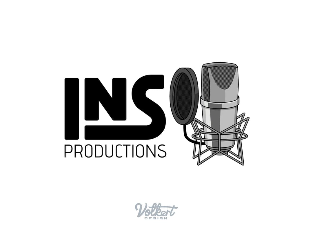 Custom INS type in black on a white background paired with a studio mic in grayscale.