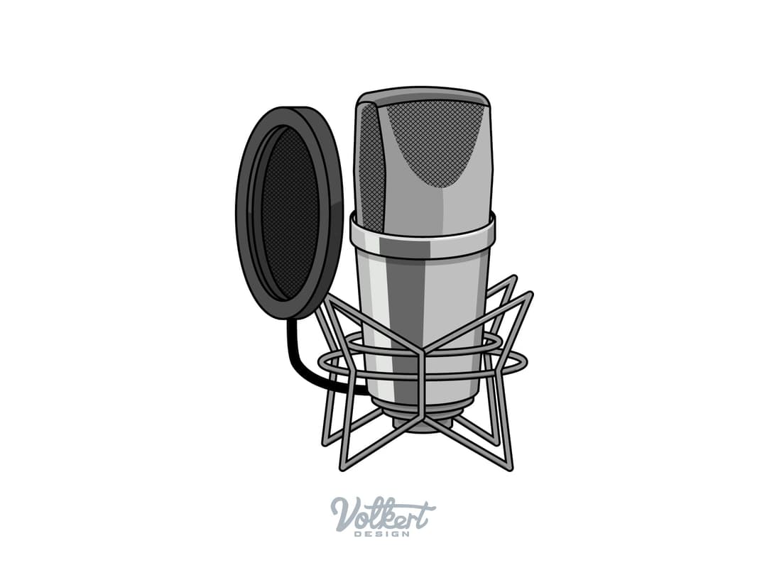 Isolated grayscale studio mic that is a part of the INS studio logo.