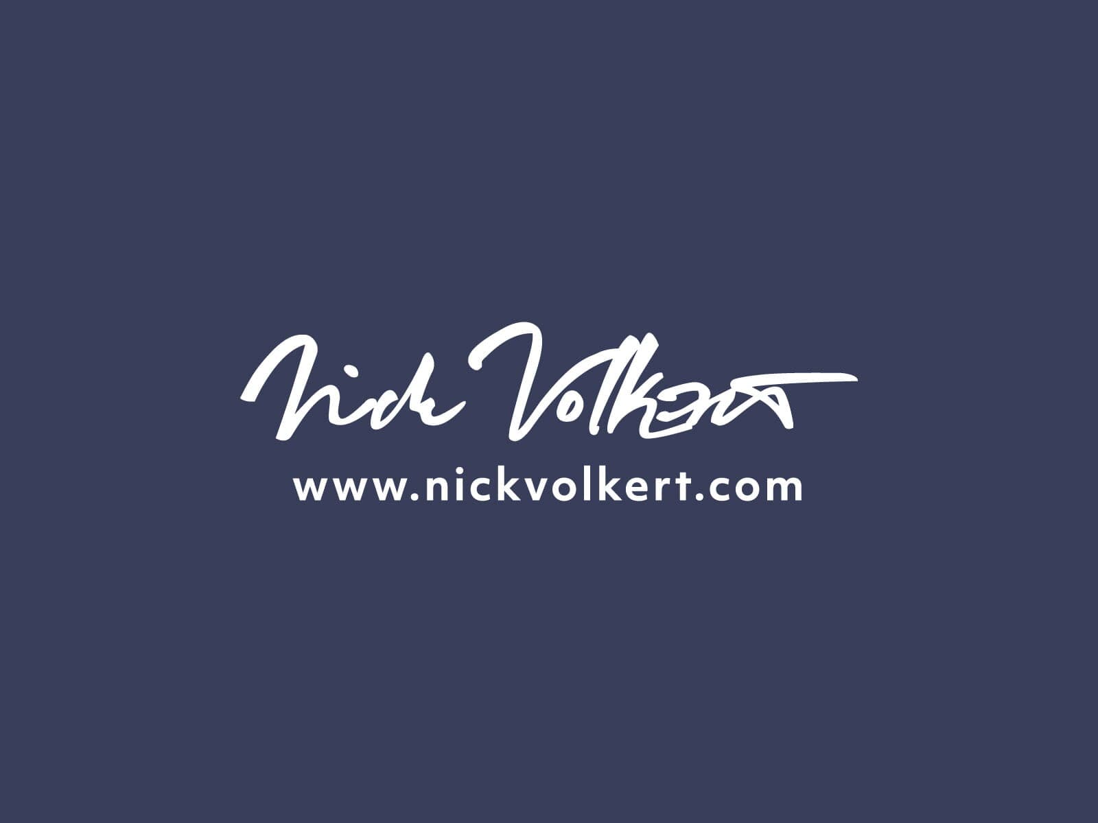 A script logo in white on a light navy blue background for Nick Volkert Dot Com.