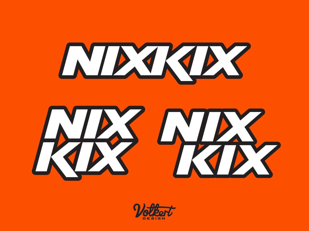 White fill and blackoutline option for the NIXKIX logo on a solid brand orange background.