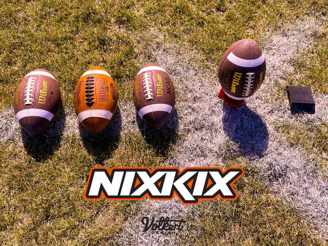 NIXKIX logo over a photo of some footballs lined up on a grass field.