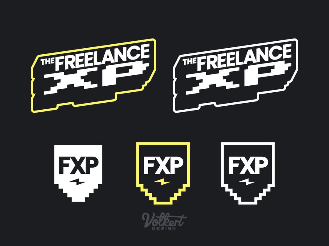 Freelance XP alternate logo with badges on a black background