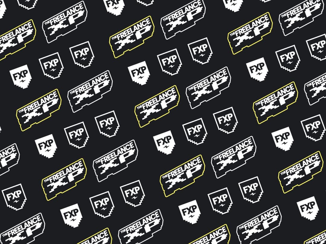 Freelance XP logo and badges grouping as a repeating pattern on a black background