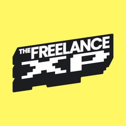 Freelance XP primary logo on a bright yellow background.,Freelance XP alternate logo with badges on a black background,Freelance XP logo with a single color black alternate on a white background,,Freelance XP logo and badges grouping as a repeating pattern on a black background,Freelance XP primary logo and badge on a bright yellow background