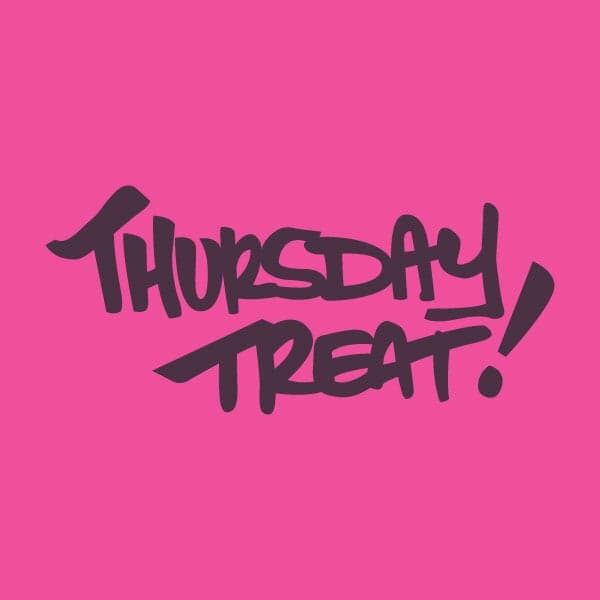 Script that states Thursday Treat in a rose read on a bright pink background.