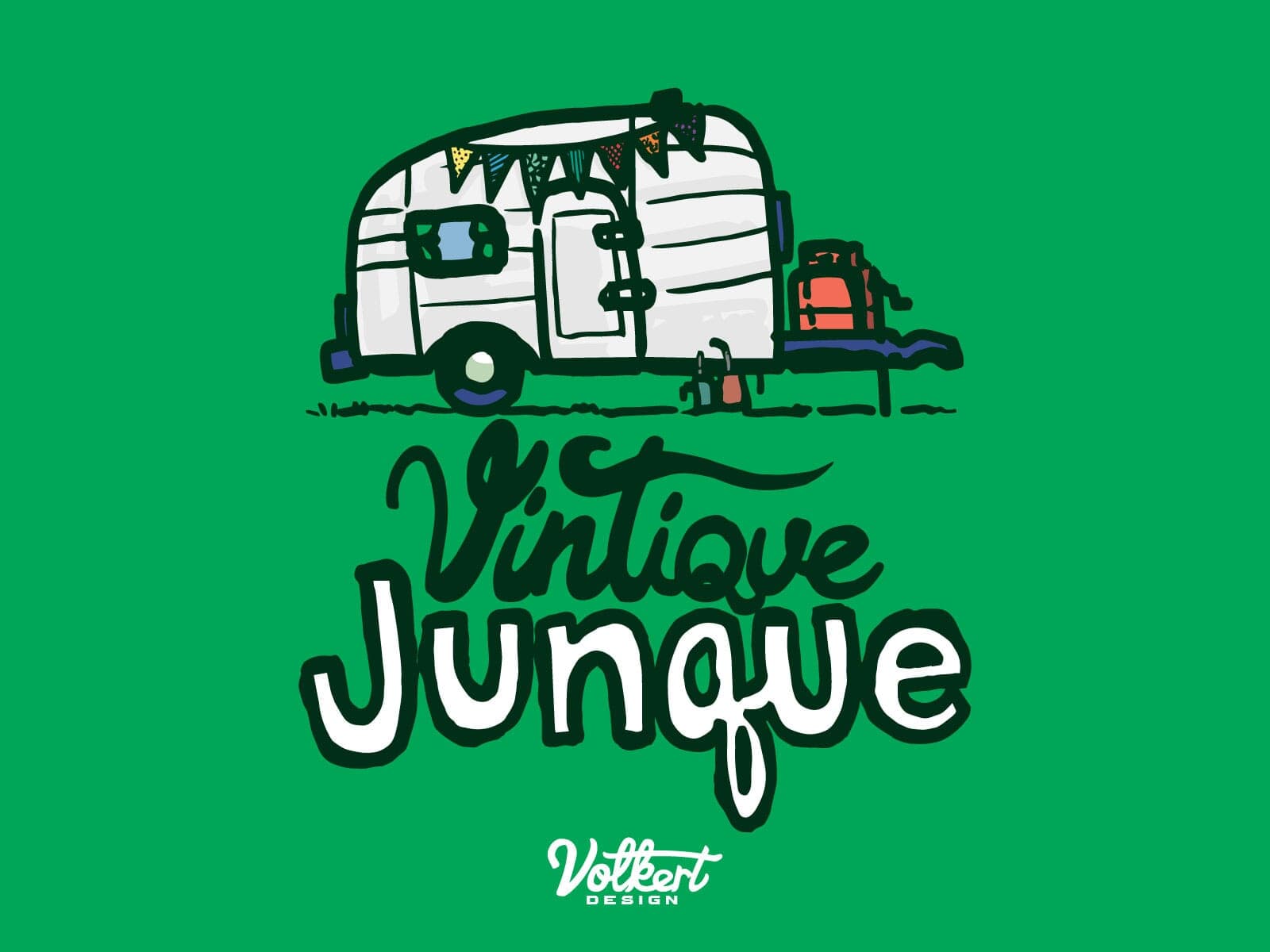 Primary Vintique Junque logo on a solid kelley green background, the brand's primary color.