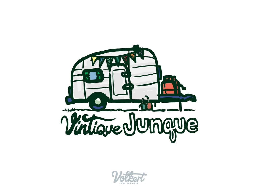 Stacked logo with inline text on a light background alternate for the Vintique Junque logo.